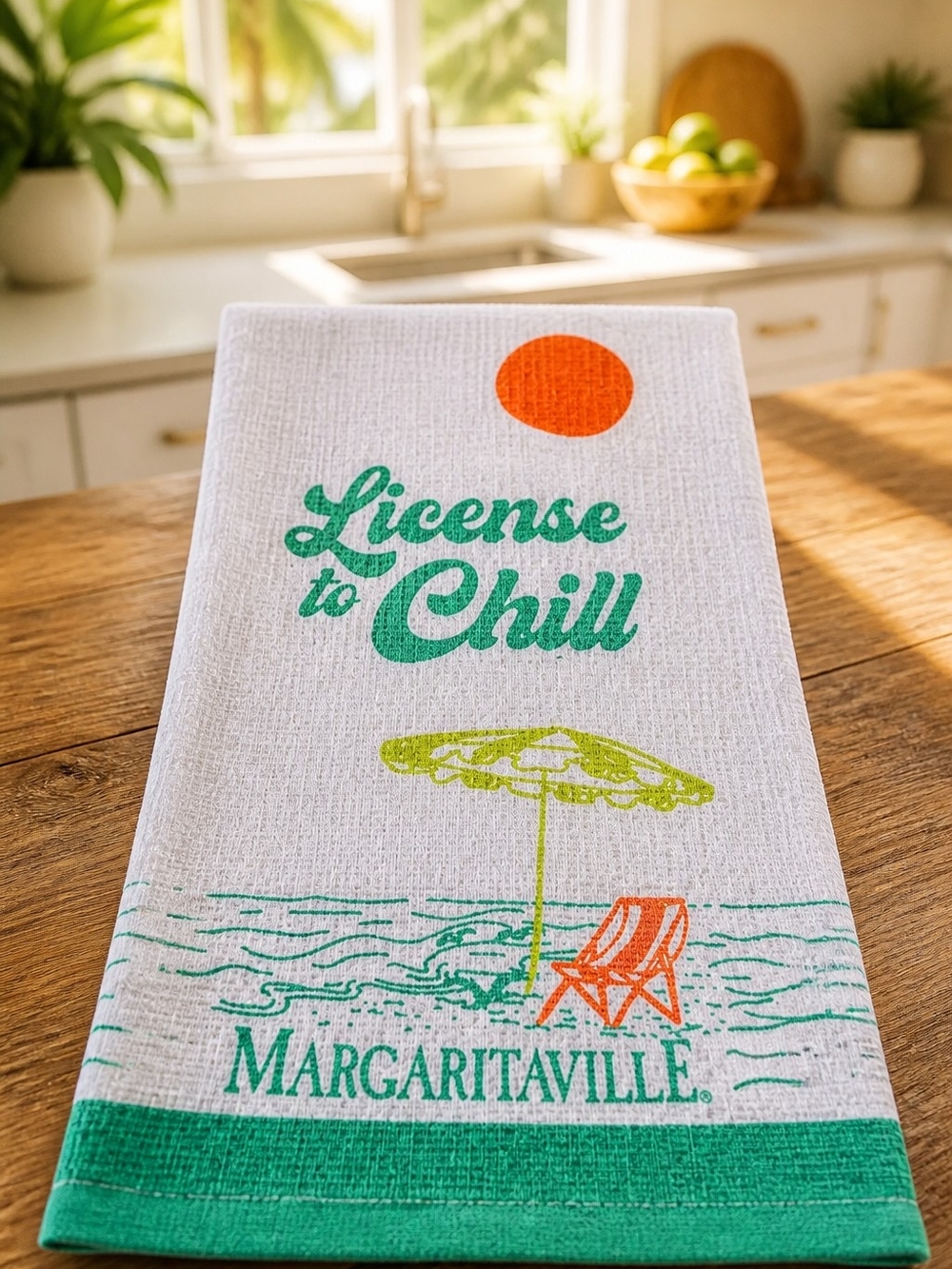 Margaritaville White Towel with Teal, Orange and Lime Beach Graphic
